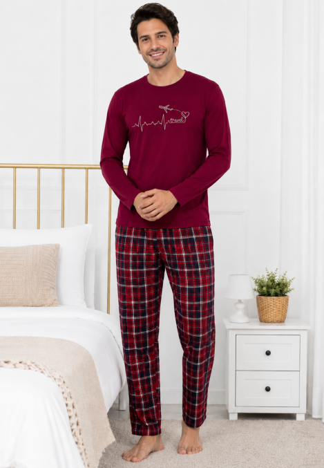 Pijama barbati Serena cu maneca lunga si pantalon lung-Bordo,Engros